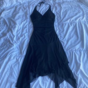 Y2K asymmetrical fairy core cottage core milkmaid 90s shiny black halter dress